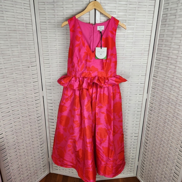 Kate Spade Target Women's Peplum Ruffle Midi Dress Sleeveless Sz 10 Red Pink NWT - Picture 1 of 8